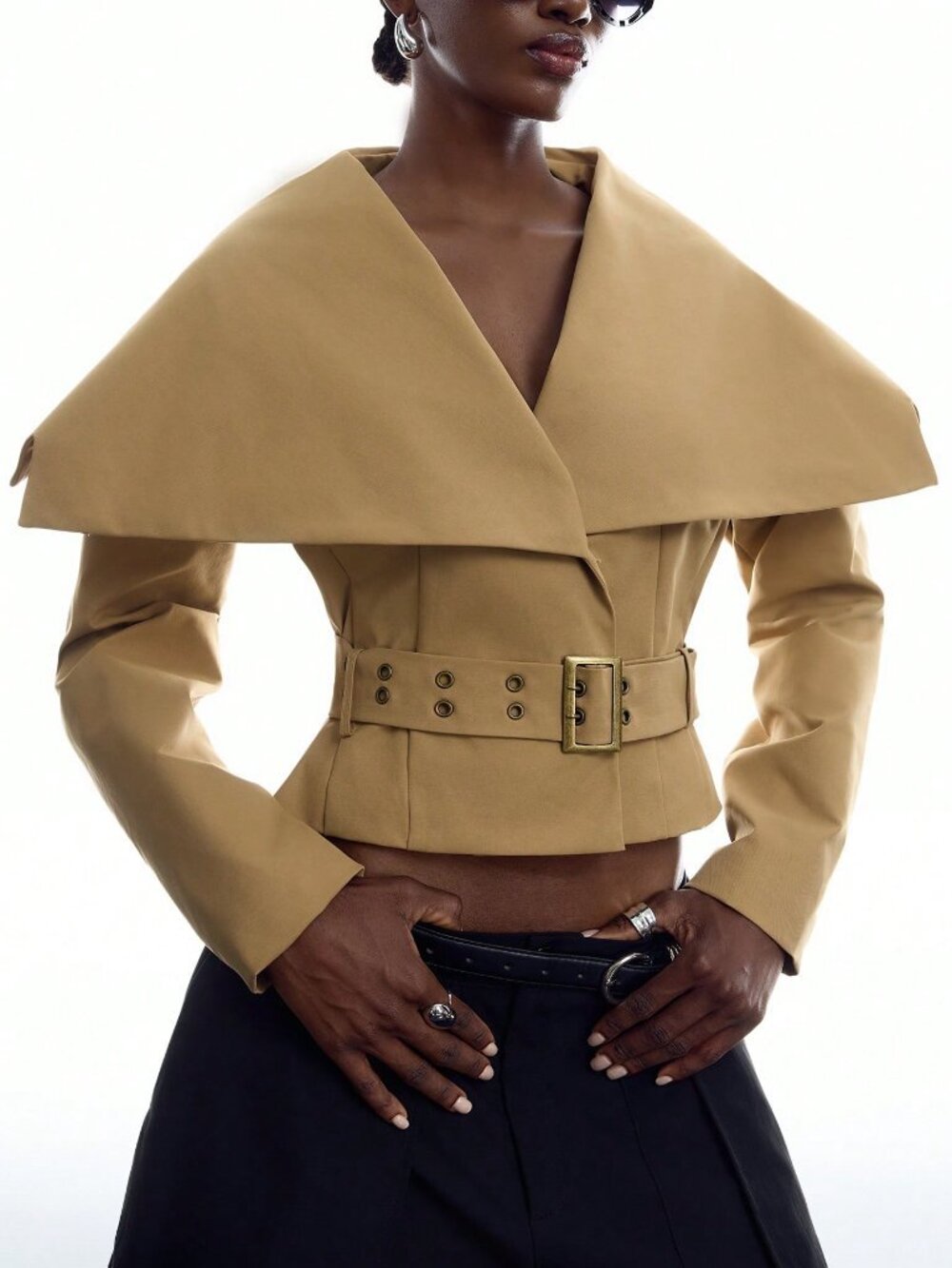 Khaki Casual Women's Large Lapel Waist Eyelet Buckle Trench Coat - Picture 7 of 8